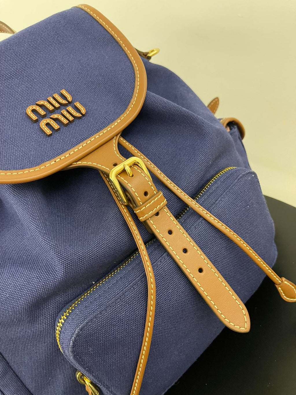 ＭＩ ＭＵ CANVAS AND LEATHER BACKPACK CORNFLOWER BLUE/BRANDY