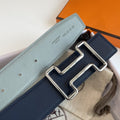 H TONIGHT BELT 38MM SILVER BUCKLE DARK BLUE GREY LEATHER