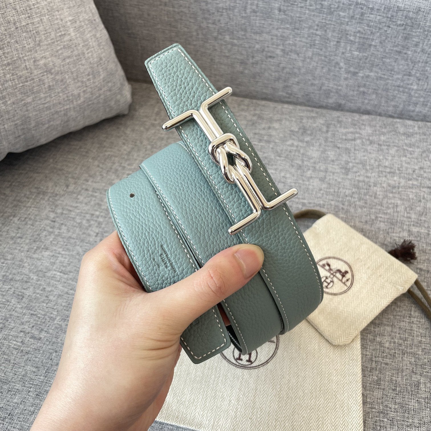 H MARIN REVERSIBLE BELT 32MM SILVER BUCKLE SKY BLUE BLACK LEATHER