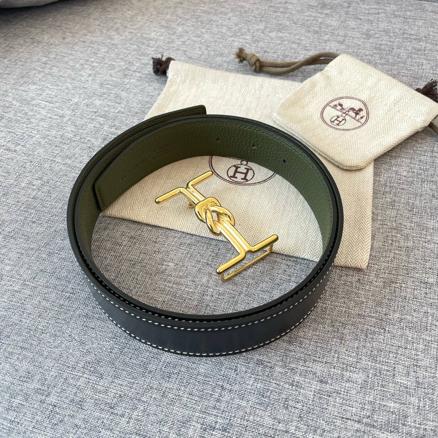 H MARIN REVERSIBLE BELT 32MM GOLD BUCKLE BLACK DARK GREEN LEATHER