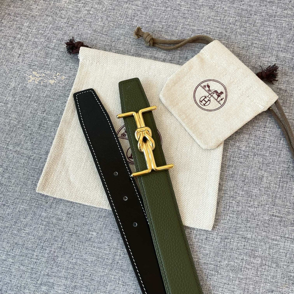 H MARIN REVERSIBLE BELT 32MM GOLD BUCKLE BLACK DARK GREEN LEATHER