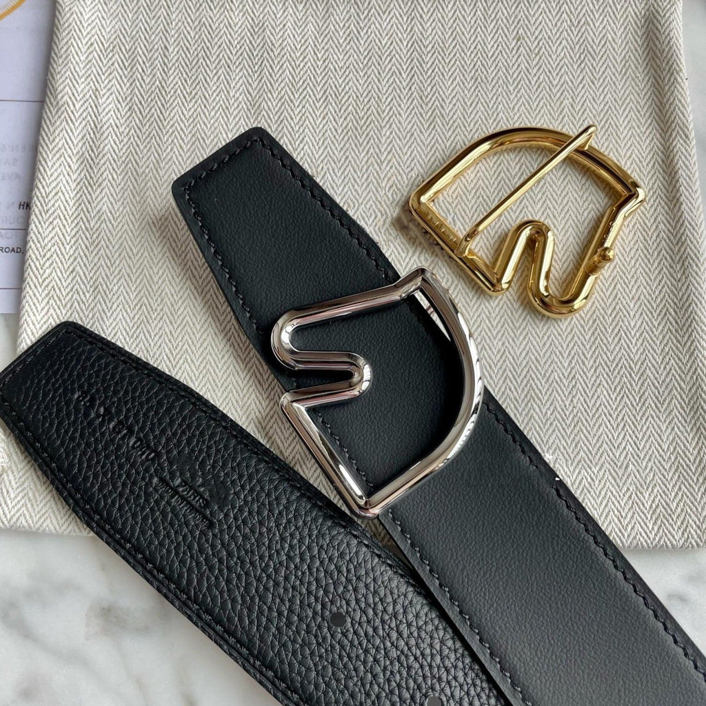 H BELT HORSE BUCKLE BLACK LEATHER REVERSIBLE  3.8CM