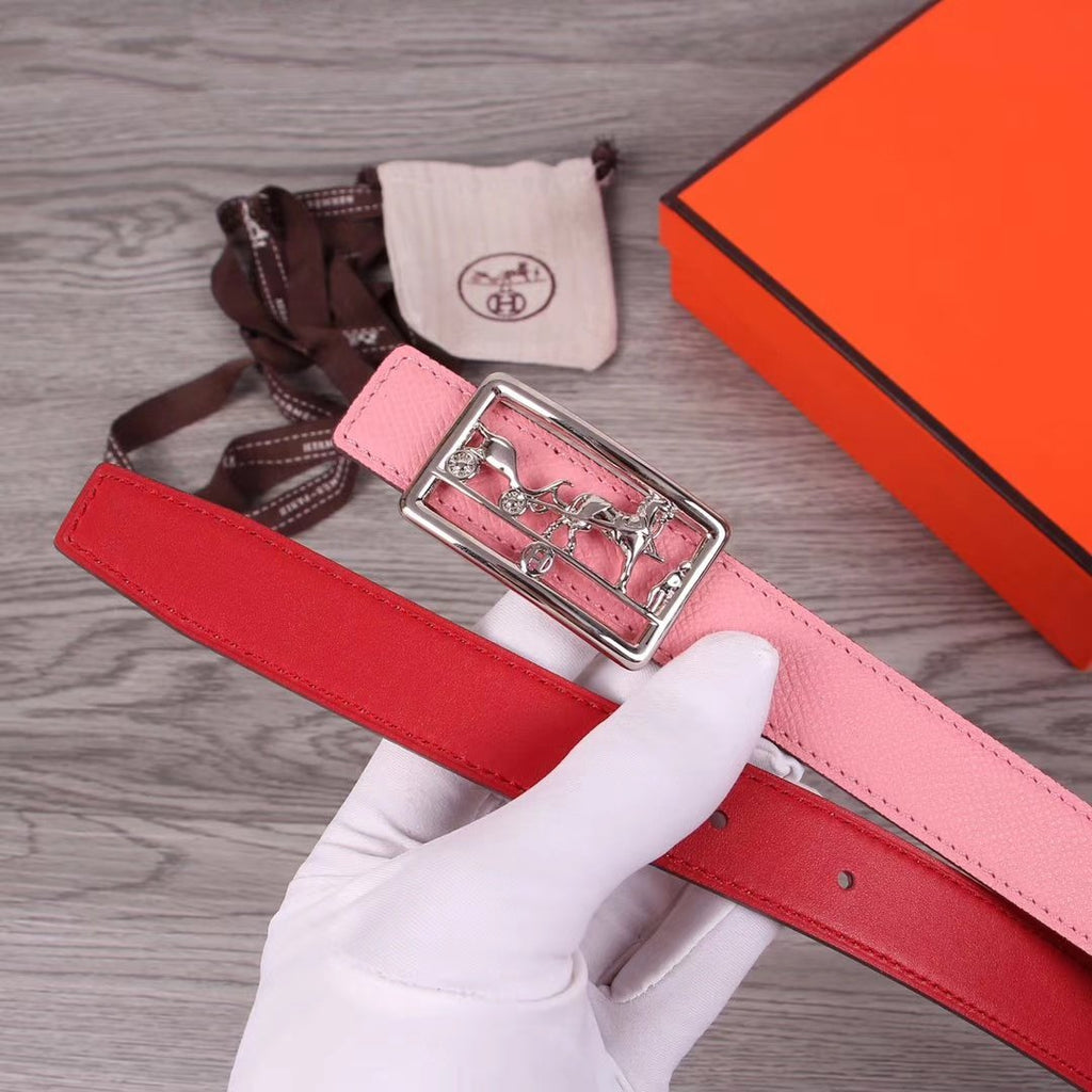 H BELT WOMEN SILVER BUCKLE 24MM ROSE RED LEATHER