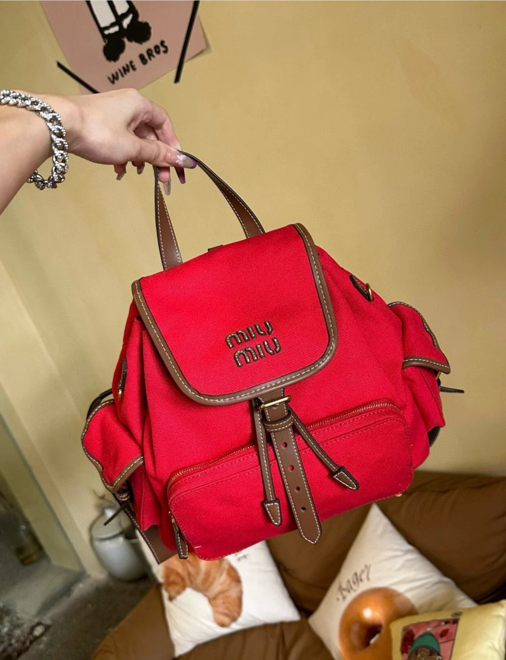 ＭＩ ＭＵ CANVAS AND LEATHER BACKPACK RED/BRANDY