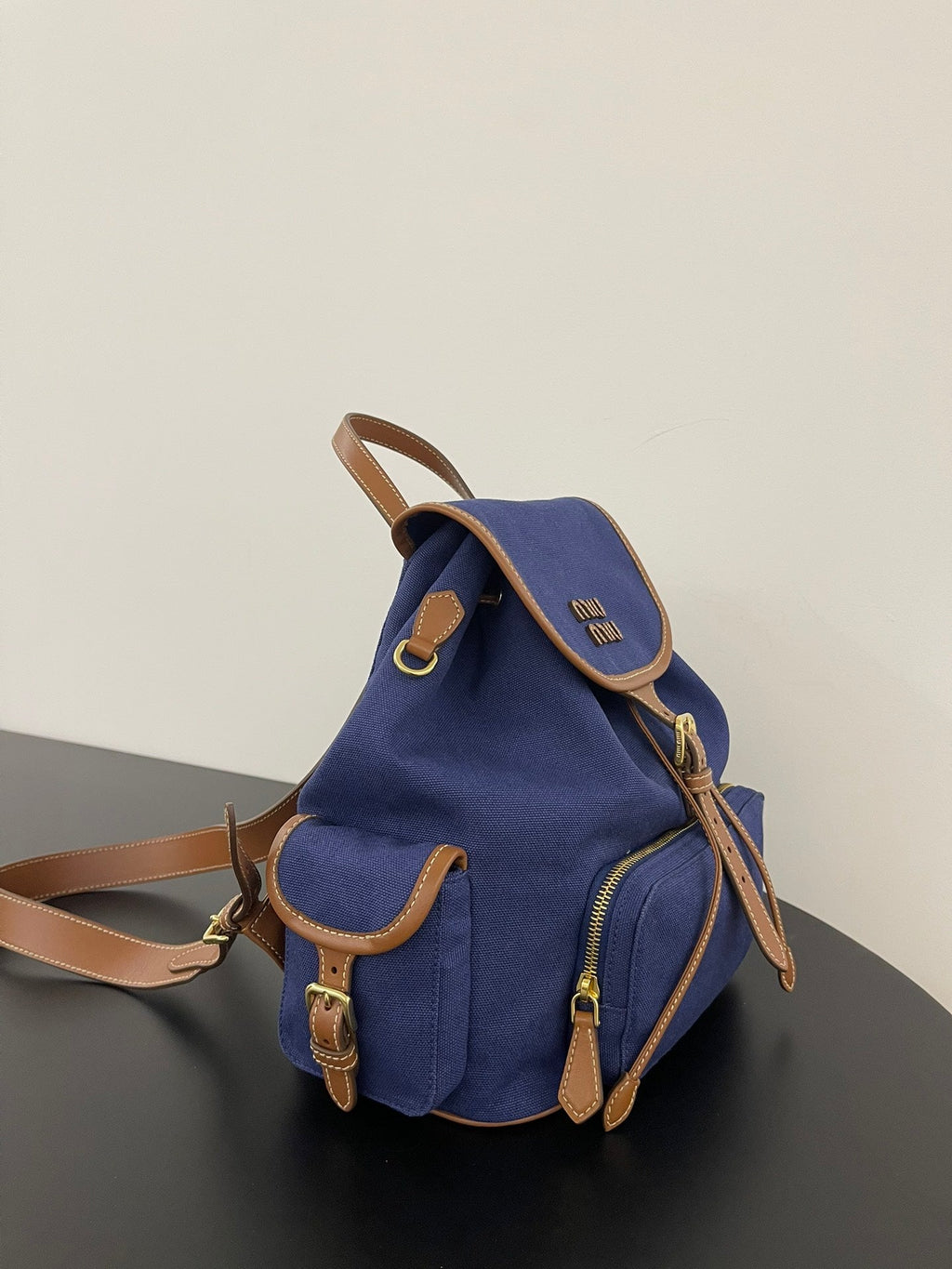 ＭＩ ＭＵ CANVAS AND LEATHER BACKPACK CORNFLOWER BLUE/BRANDY