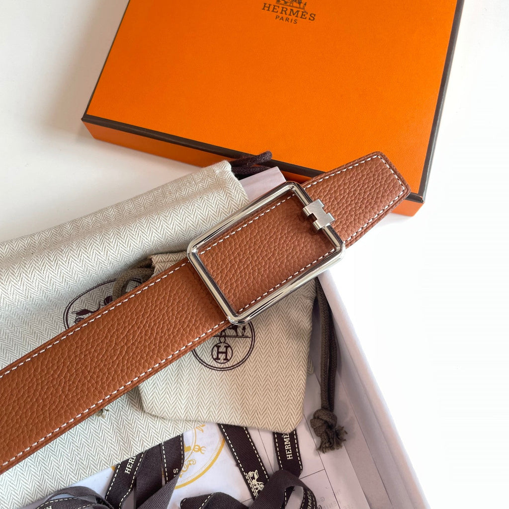 TUBE H BELT BUCKLE & REVERSIBLE BLACK AND CINNAMON BROWN LEATHER STRAP 38MM SILVER  HARDWARE