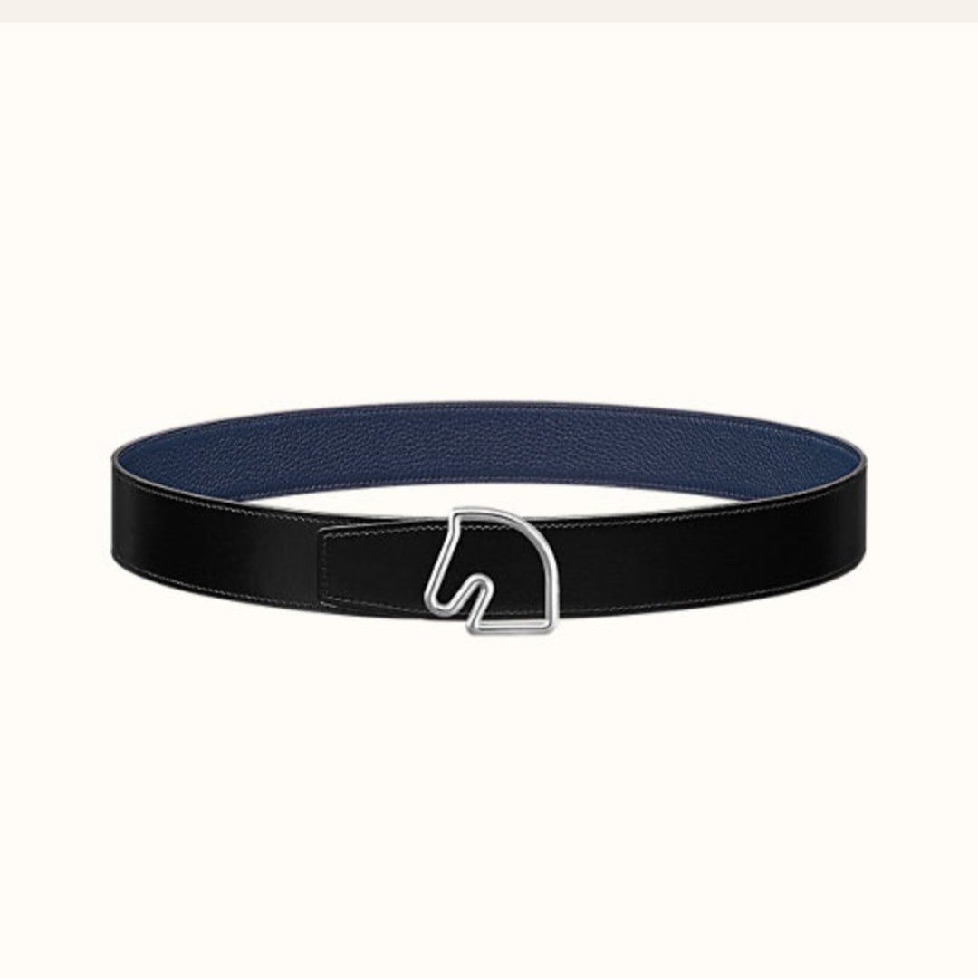 BOUCLE BELT BUCKLE & REVERSIBLE NAVY BLUE AND BLACK AND WHITE LEATHER STRAP 38MM SILVER HARDWARE