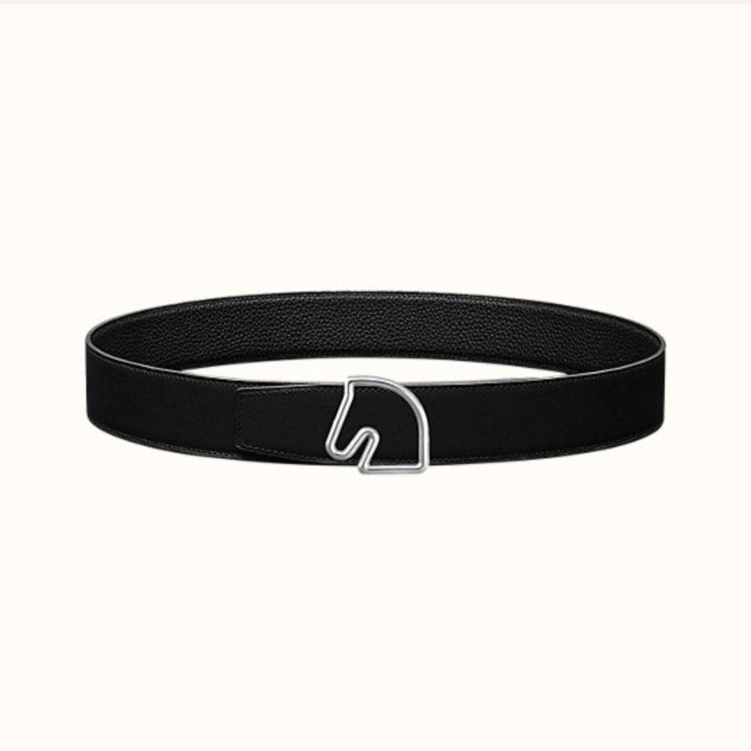 BOUCLE BELT BUCKLE & REVERSIBLE BLACK AND WHITE LEATHER STRAP 38MM SILVER HARDWARE