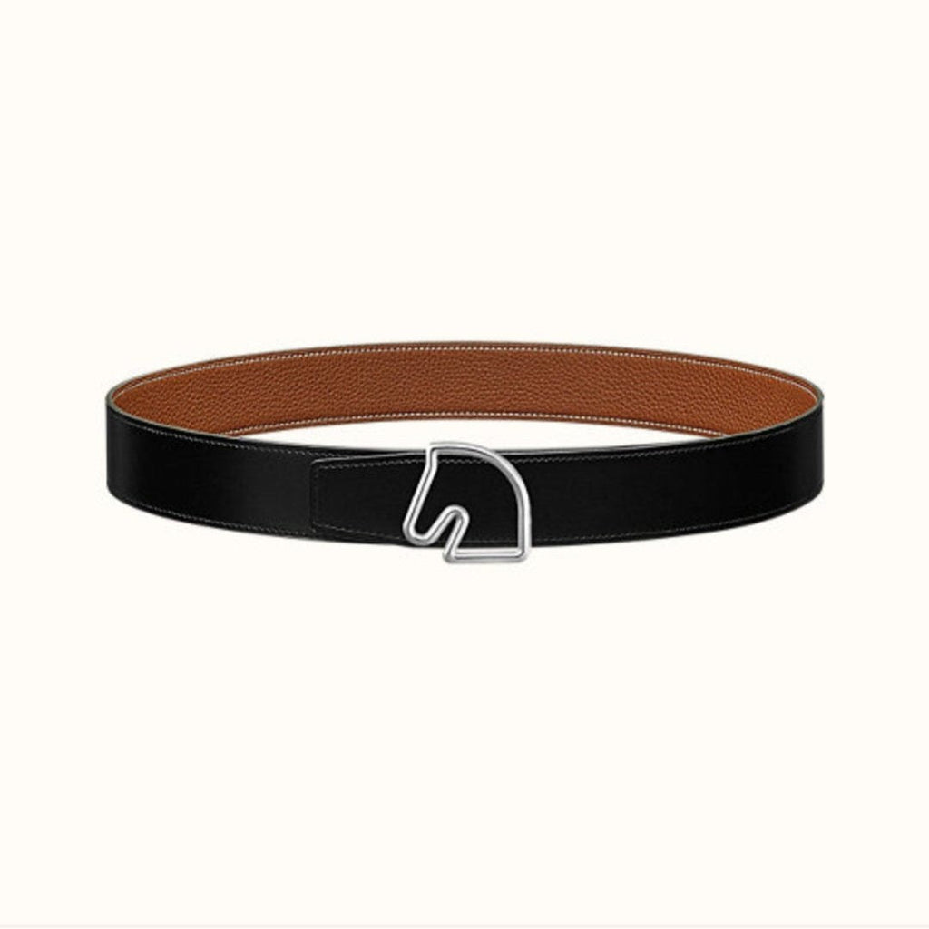 BOUCLE BELT BUCKLE & REVERSIBLE GINGER ORANGE AND BLACK LEATHER STRAP 38MM SILVER HARDWARE