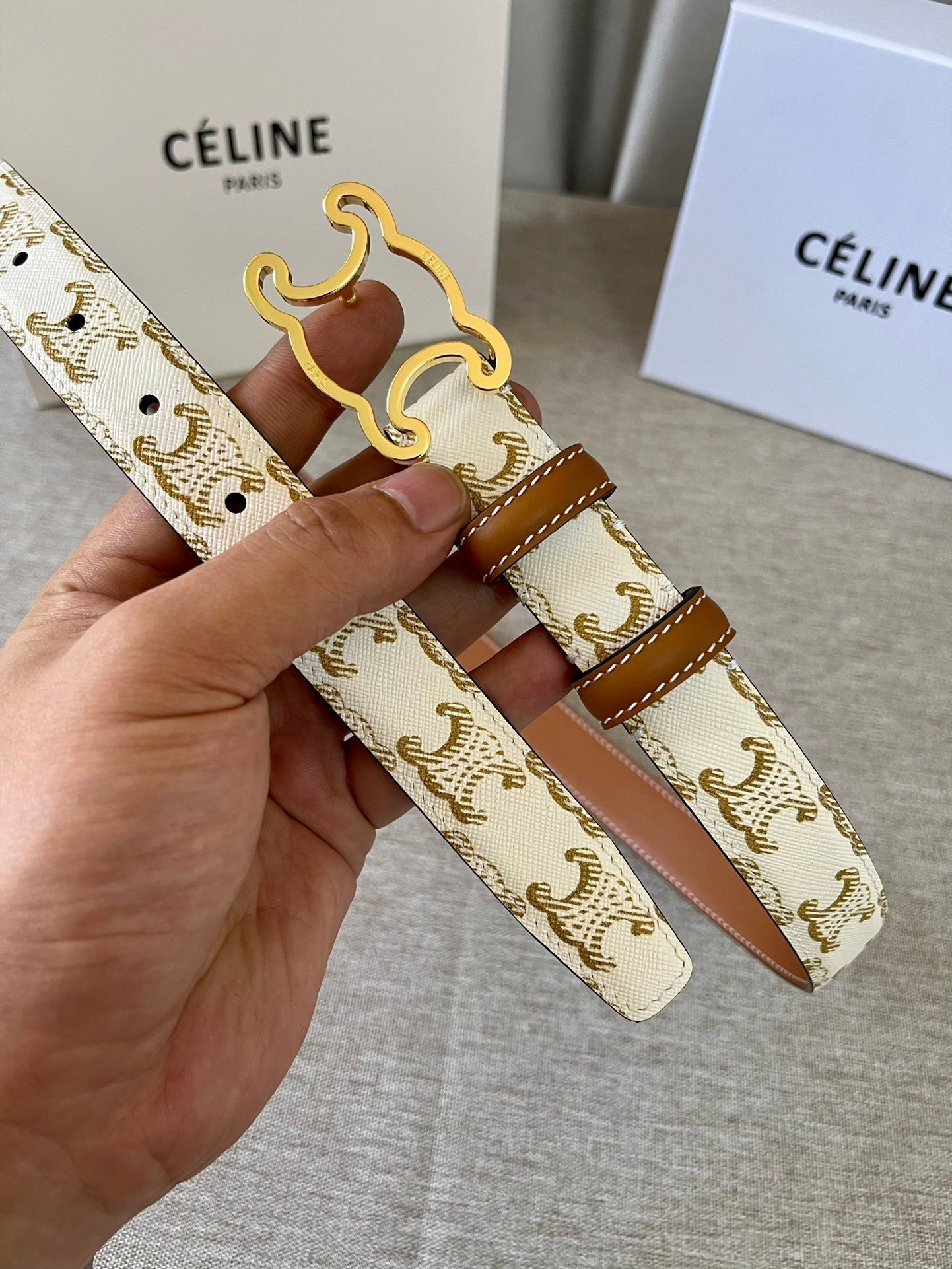 CL logo Cut-out Belt 25mm White Tan Triomphe Canvas Ghw