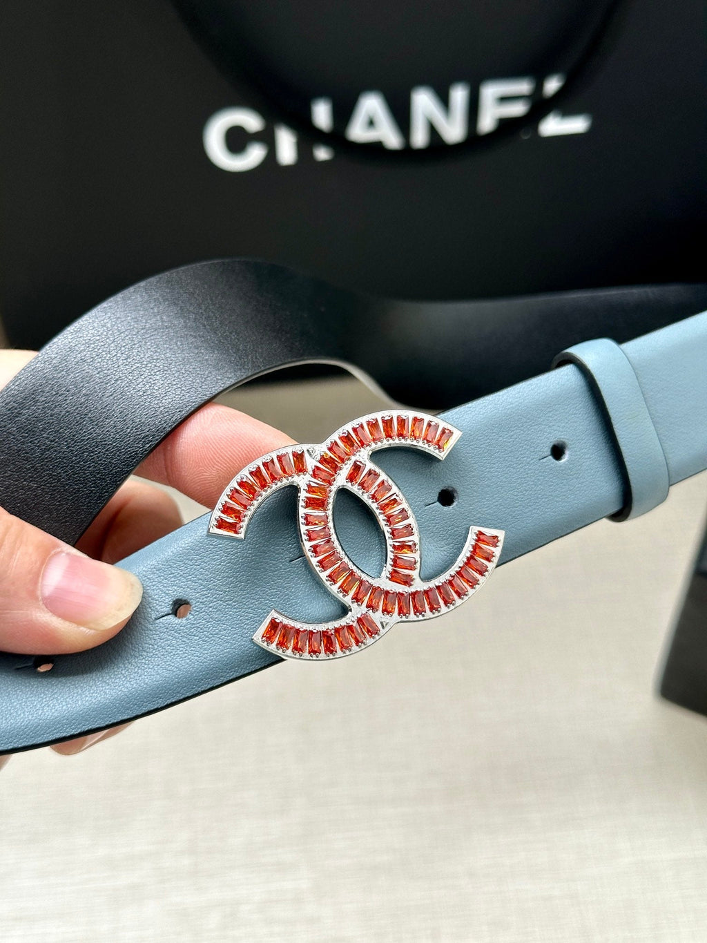 CHANEL 25S BELT 30 MM IN LIGHT STEEL BLUE CALFSKIN 616966