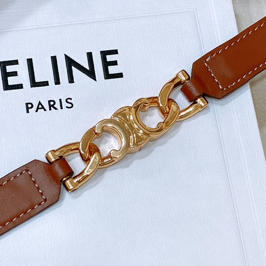 CL SMALL 18 MM GOURMETTE TRIOMPHE ADJUSTABLE BELT IN BRONZE BROWN LEATHER GOLD HARDWARE