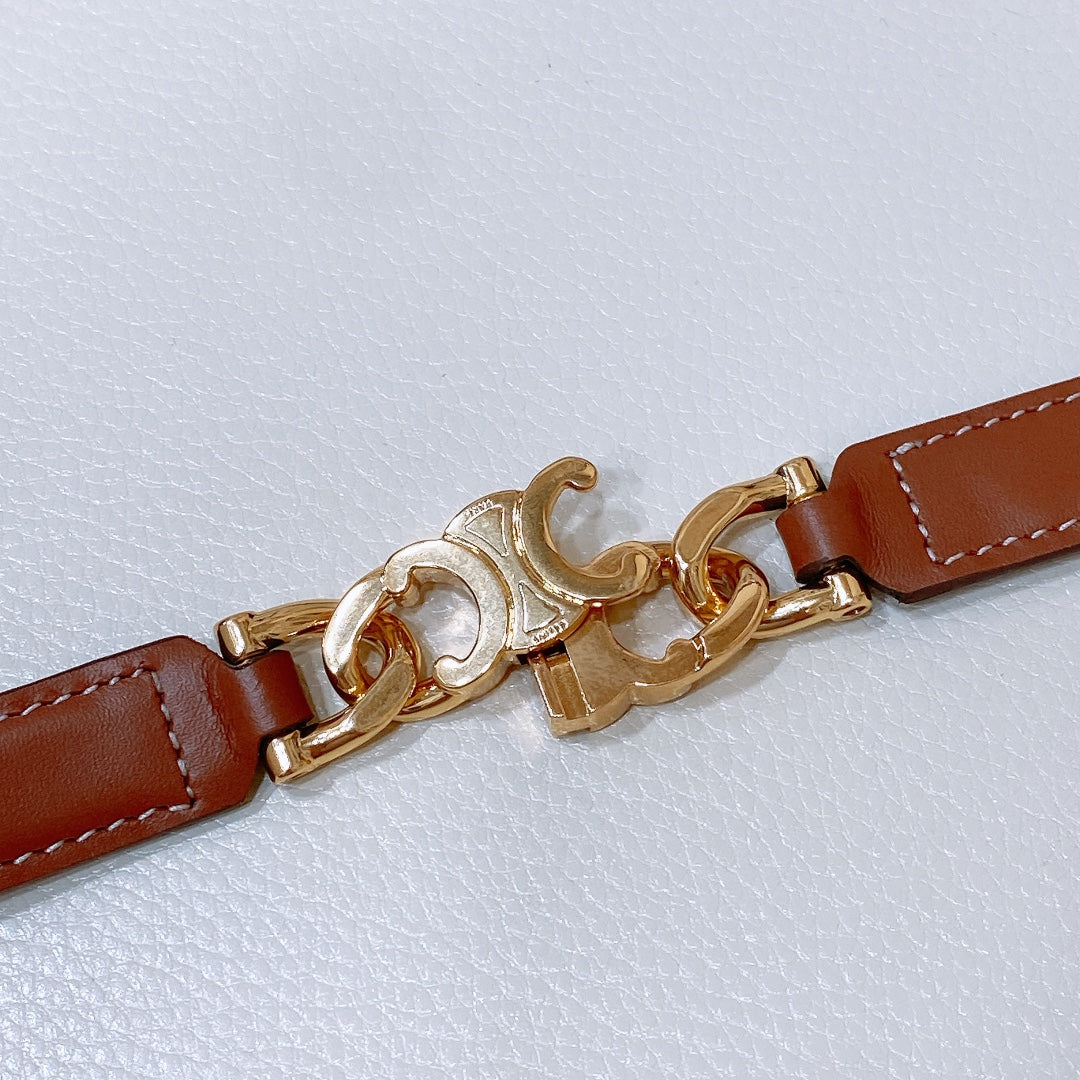 CL SMALL 18 MM GOURMETTE TRIOMPHE ADJUSTABLE BELT IN BRONZE BROWN LEATHER GOLD HARDWARE