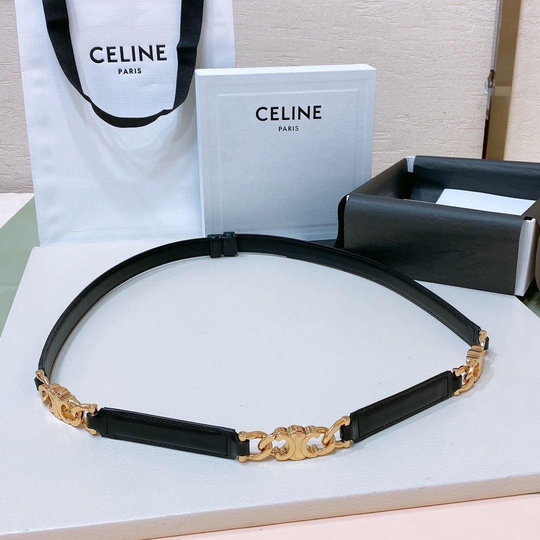 SMALL 18 MM GOURMETTE TRIOMPHE ADJUSTABLE BELT IN BLACK LEATHER GOLD HARDWARE