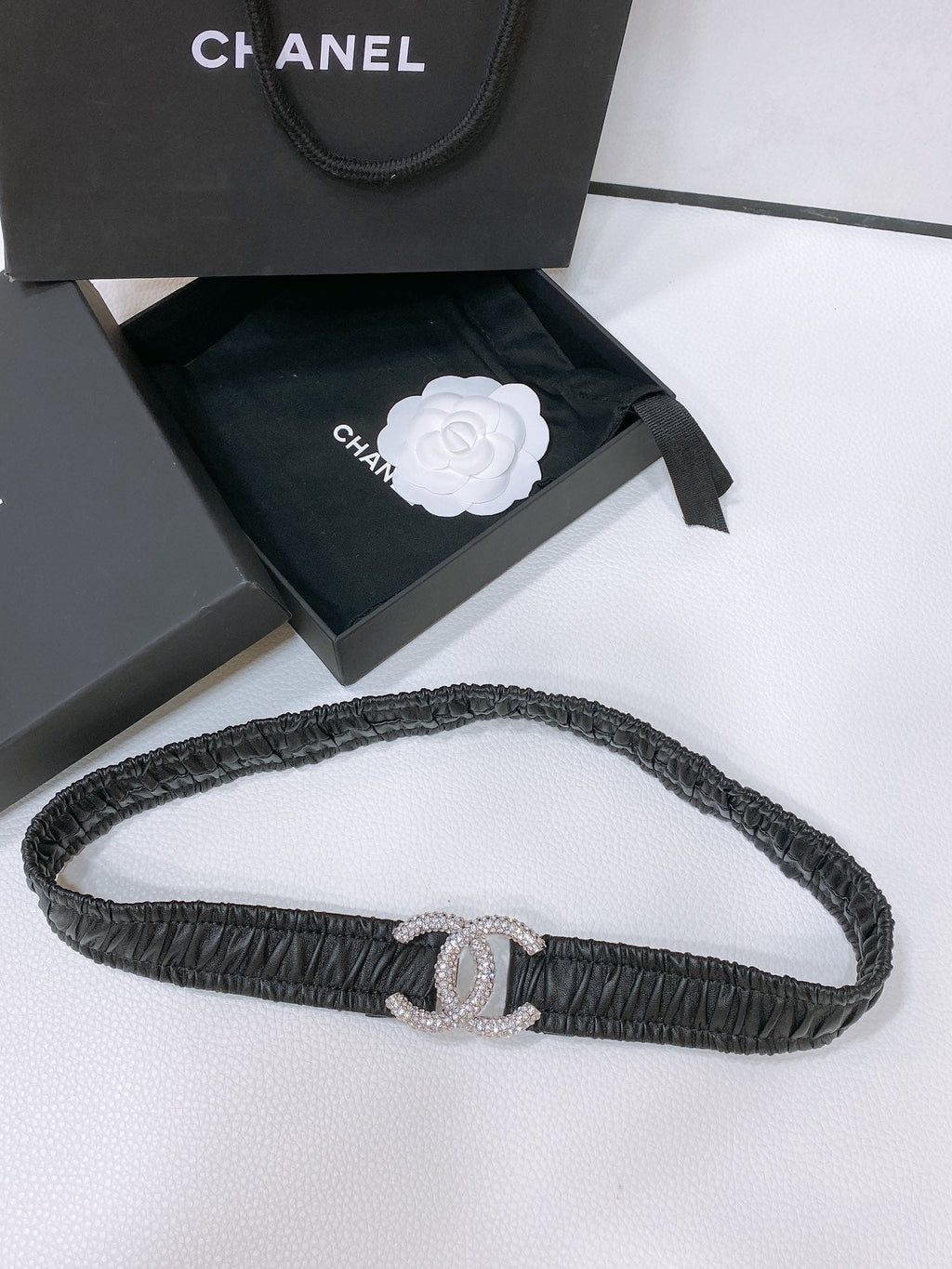 CC ELASTIC BELT 30MM IN BLACK CALFSKIN SILVER HARDWARE WITH RHINSTONES