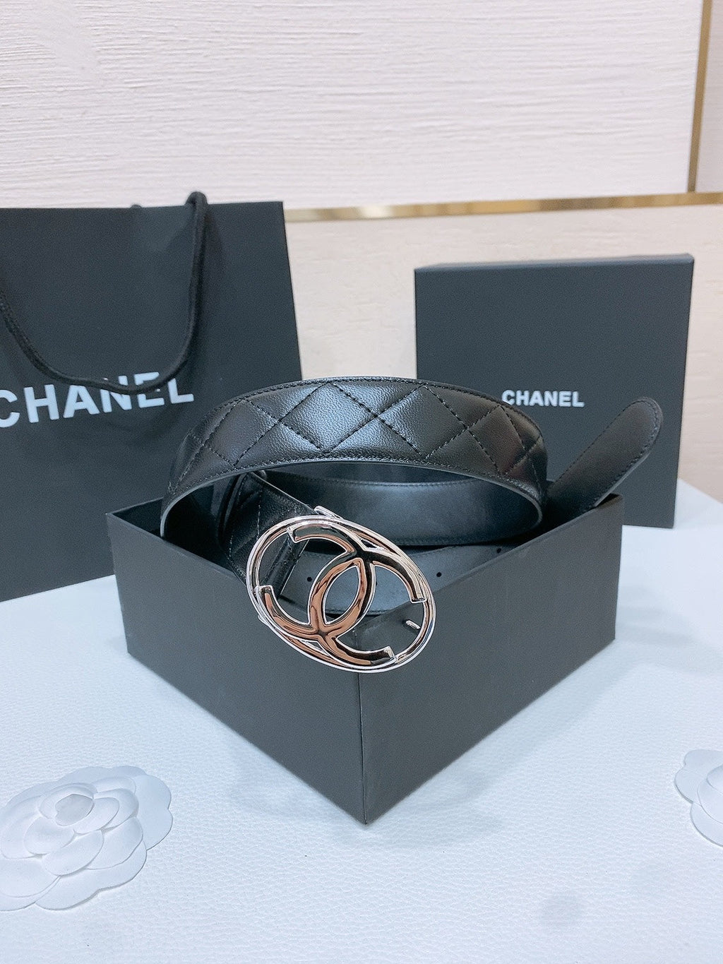 DOUBLE C BELT 38MM IN BLACK QUILTED LAMBSKIN WITH SILVER OVAL BUCKLE AND CENTERED LOGO
