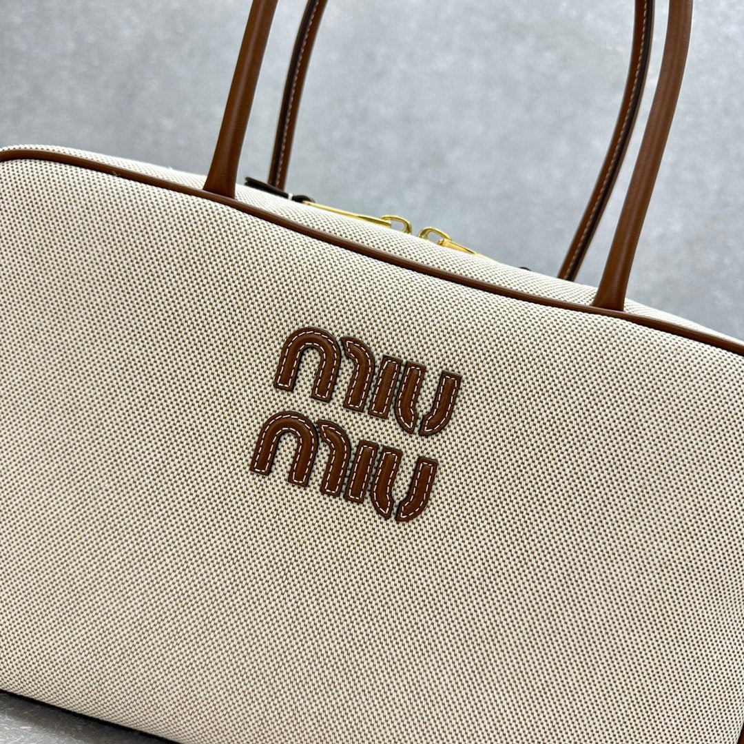 ＭＩ ＭＵ BEAU CANVAS AND LEATHER BAG BEIGE/BRANDY