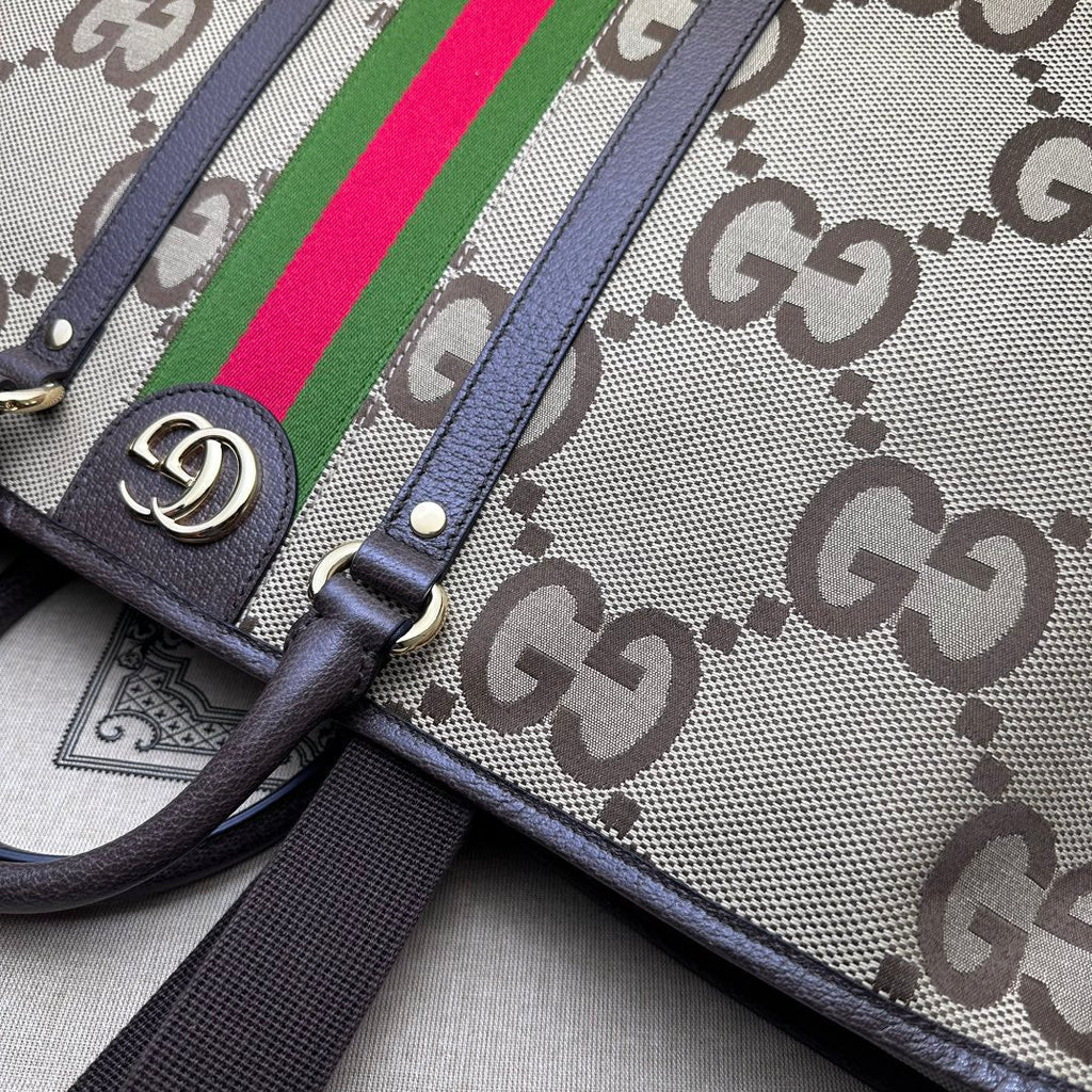 ＧＣＣＩGG JUMBO LEATHER-TRIMMED CANVAS-JACQUARD TOTE