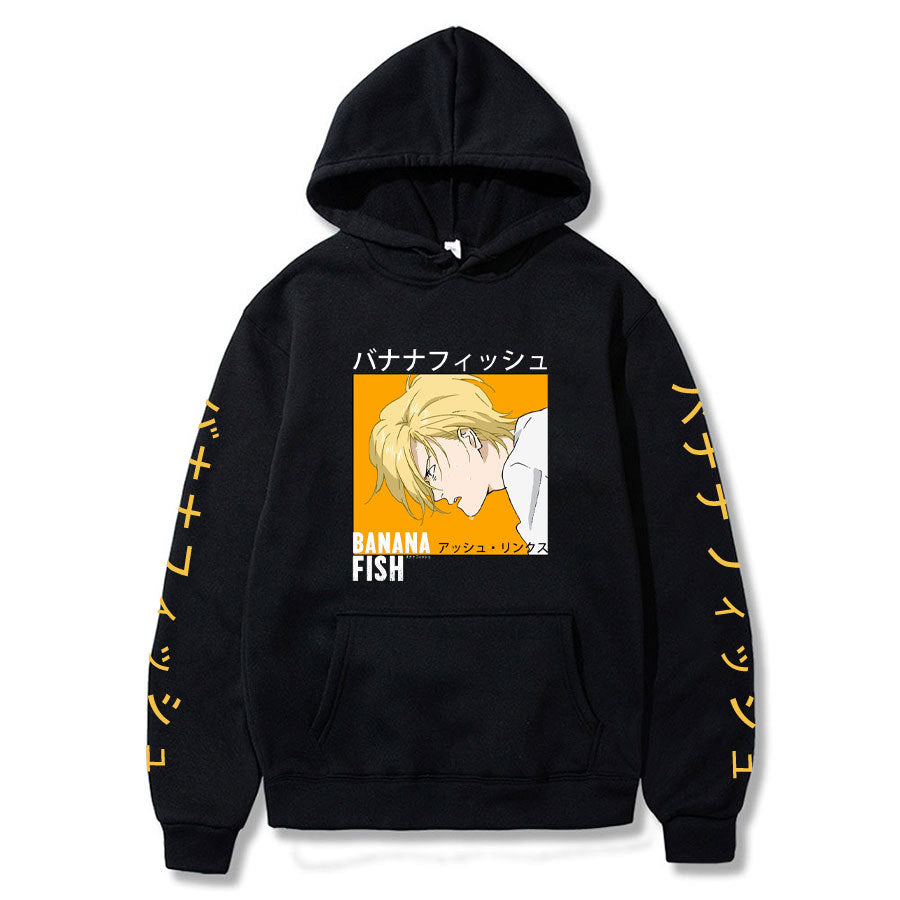 Anime Hoddies Banana Fish Print Loose Hoodie Velvet Padded Hooded Sweatshirt Men and Women