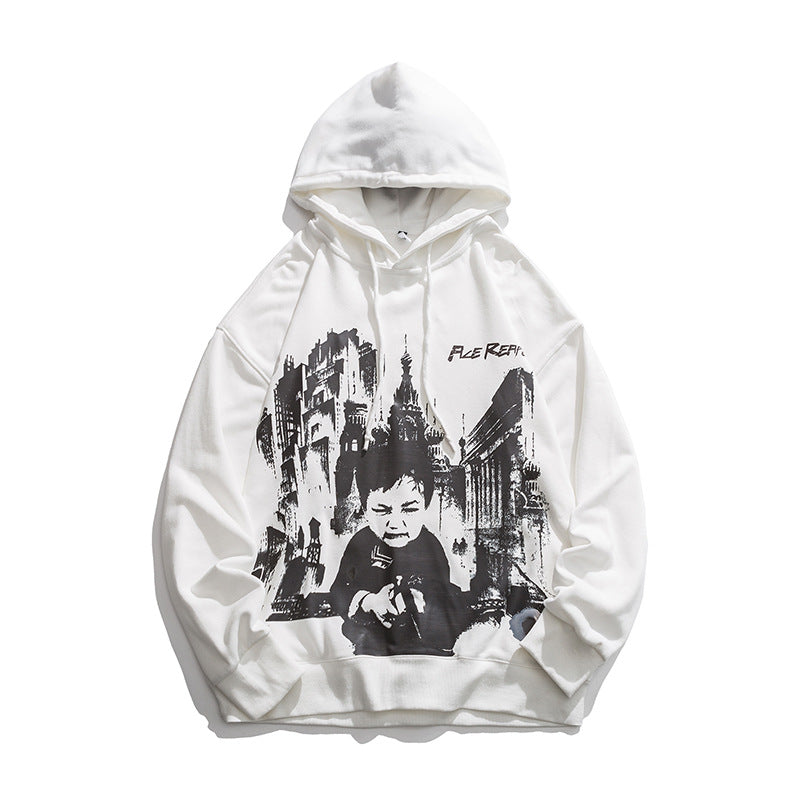 Man Fall Outfis Autumn Hip Hop Printed Hoodie Loose Top