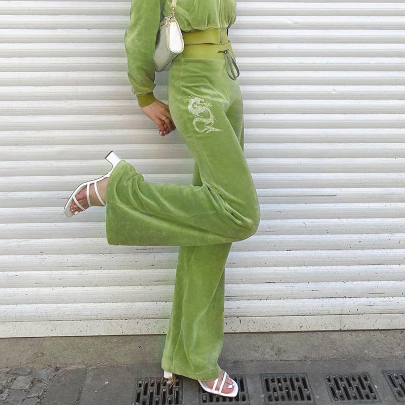 Velour Tracksuit Sports Style Green Velvet Hoodie and Hot Drilling Velvet Pants