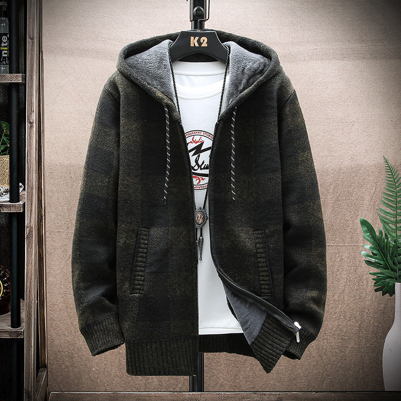 Men's Hoodie Fleece Plaid Cardigan