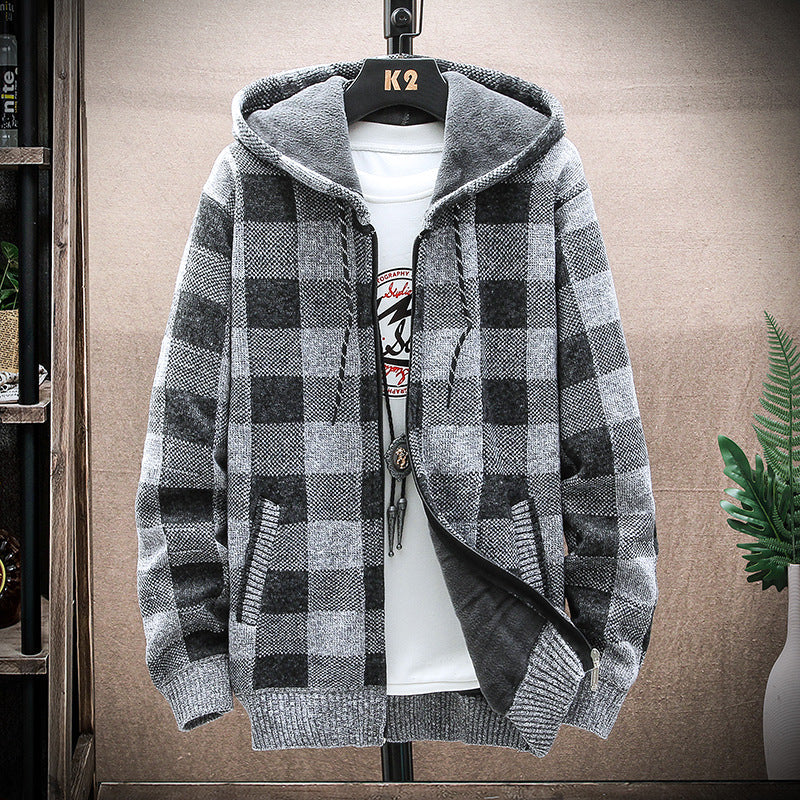 Men's Hoodie Fleece Plaid Cardigan