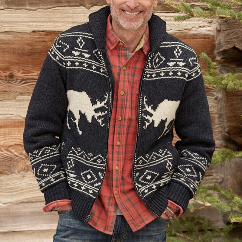 Baja Hoodie Deer Brocade Sweater Zipper Long Sleeve Knitted Coat