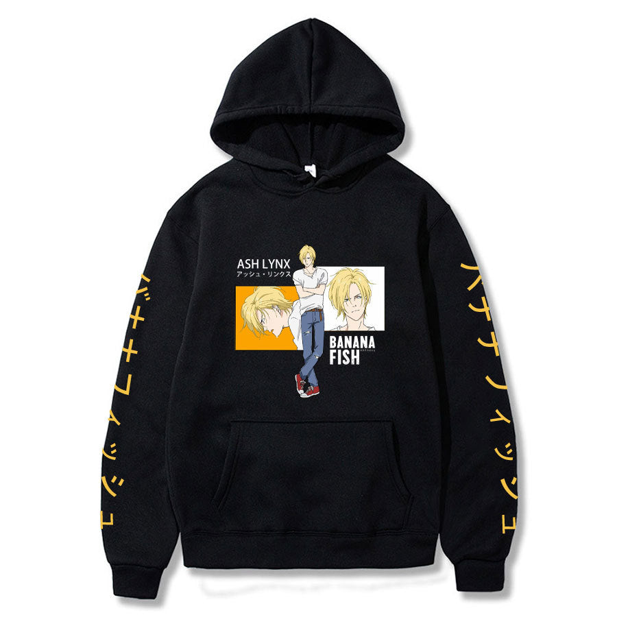 Anime Hoddies Banana Fish Print Loose Hoodie Velvet Padded Hooded Sweatshirt Men and Women