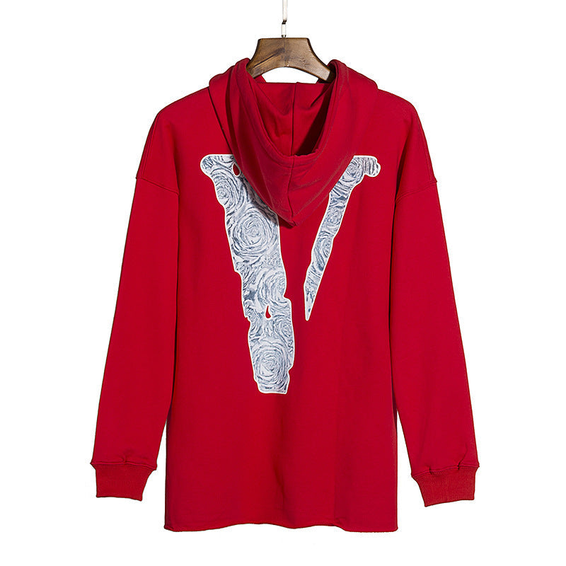 Pop Smoke Hoodies Rose Print Big V Hee Three-Color Hooded Sweater