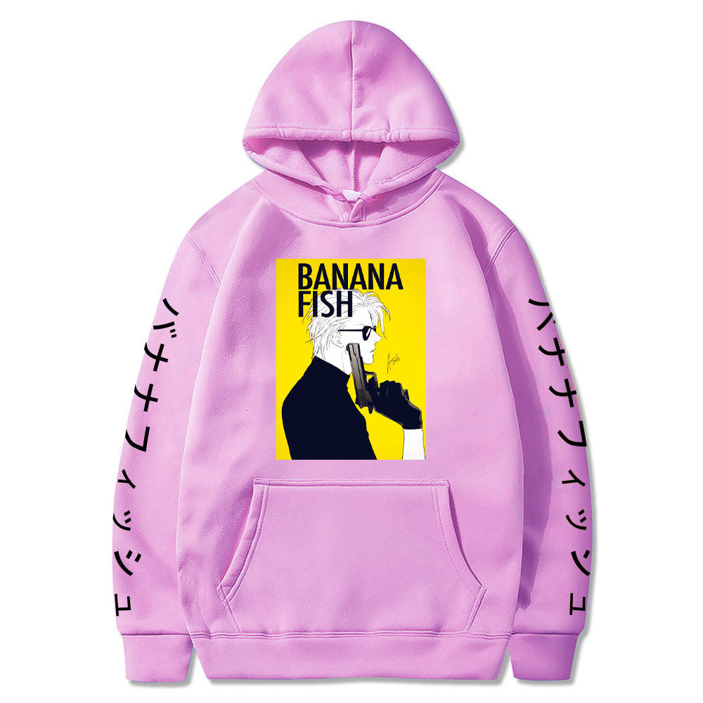 Anime Hoddies Banana Fish Print Loose Hoodie Velvet Padded Hooded Sweatshirt Men and Women