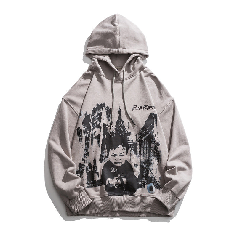 Man Fall Outfis Autumn Hip Hop Printed Hoodie Loose Top
