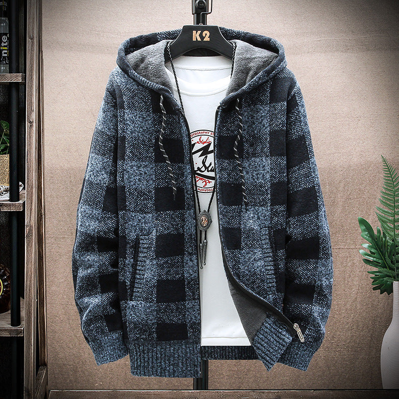 Men's Hoodie Fleece Plaid Cardigan