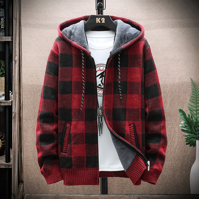 Men's Hoodie Fleece Plaid Cardigan