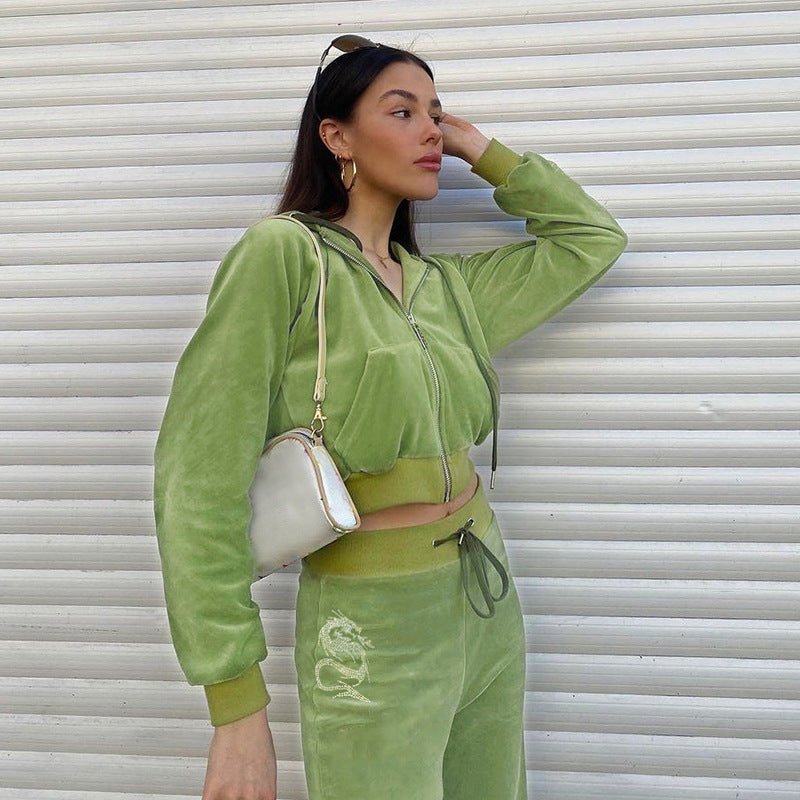 Velour Tracksuit Sports Style Green Velvet Hoodie and Hot Drilling Velvet Pants