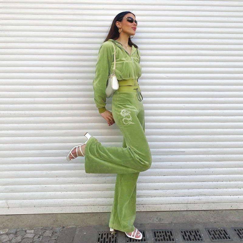 Velour Tracksuit Sports Style Green Velvet Hoodie and Hot Drilling Velvet Pants