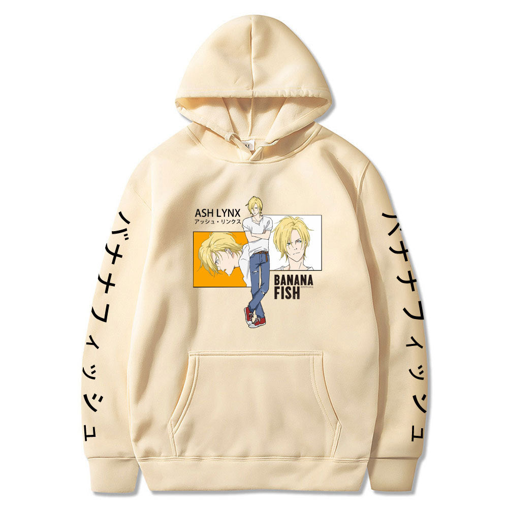 Anime Hoddies Banana Fish Print Loose Hoodie Velvet Padded Hooded Sweatshirt Men and Women