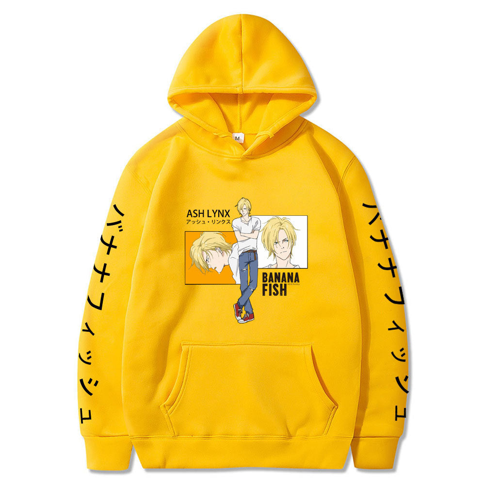 Anime Hoddies Banana Fish Print Loose Hoodie Velvet Padded Hooded Sweatshirt Men and Women