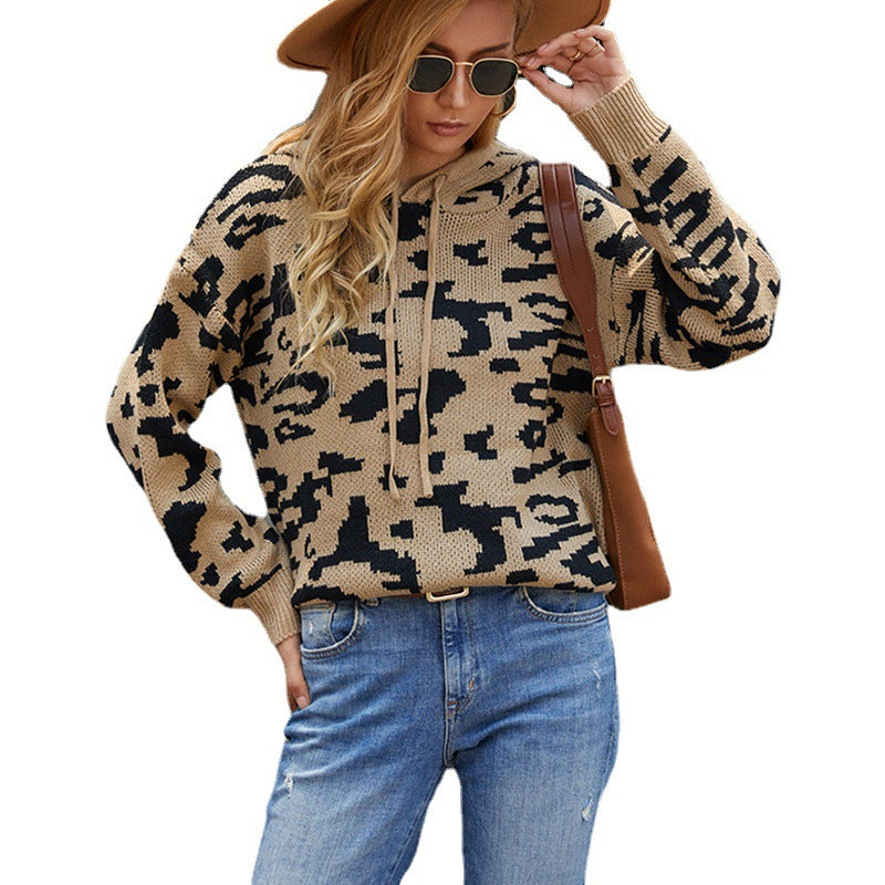 Women Pullover Knit Sweater Women's Knitwear Leopard Print Drawstring Hoodie