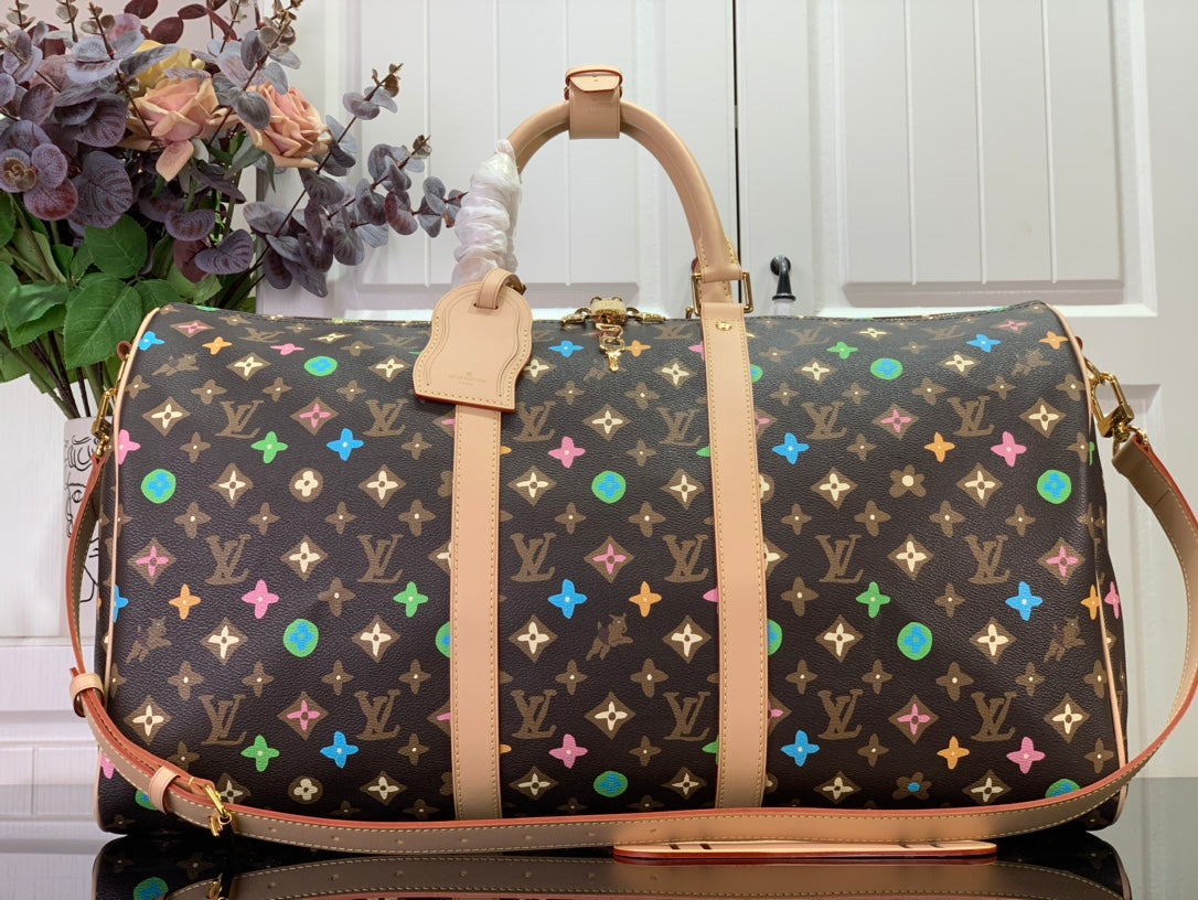 ＬＳ ＶＴＴＯＮ x YAYOI KUSAMA KEEPALL BANDOULIÈRE 45 BROWN
