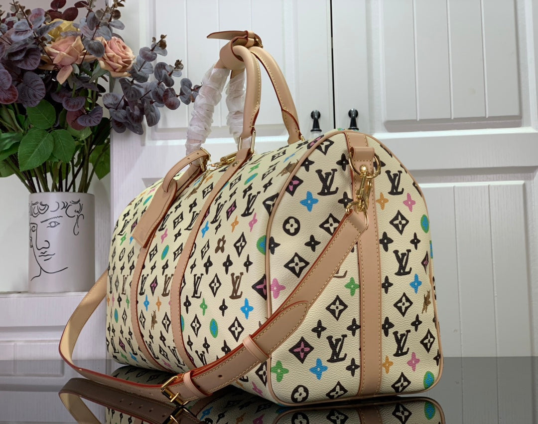 ＬＳ ＶＴＴＯＮ x YAYOI KUSAMA KEEPALL BANDOULIÈRE 45 WHITE