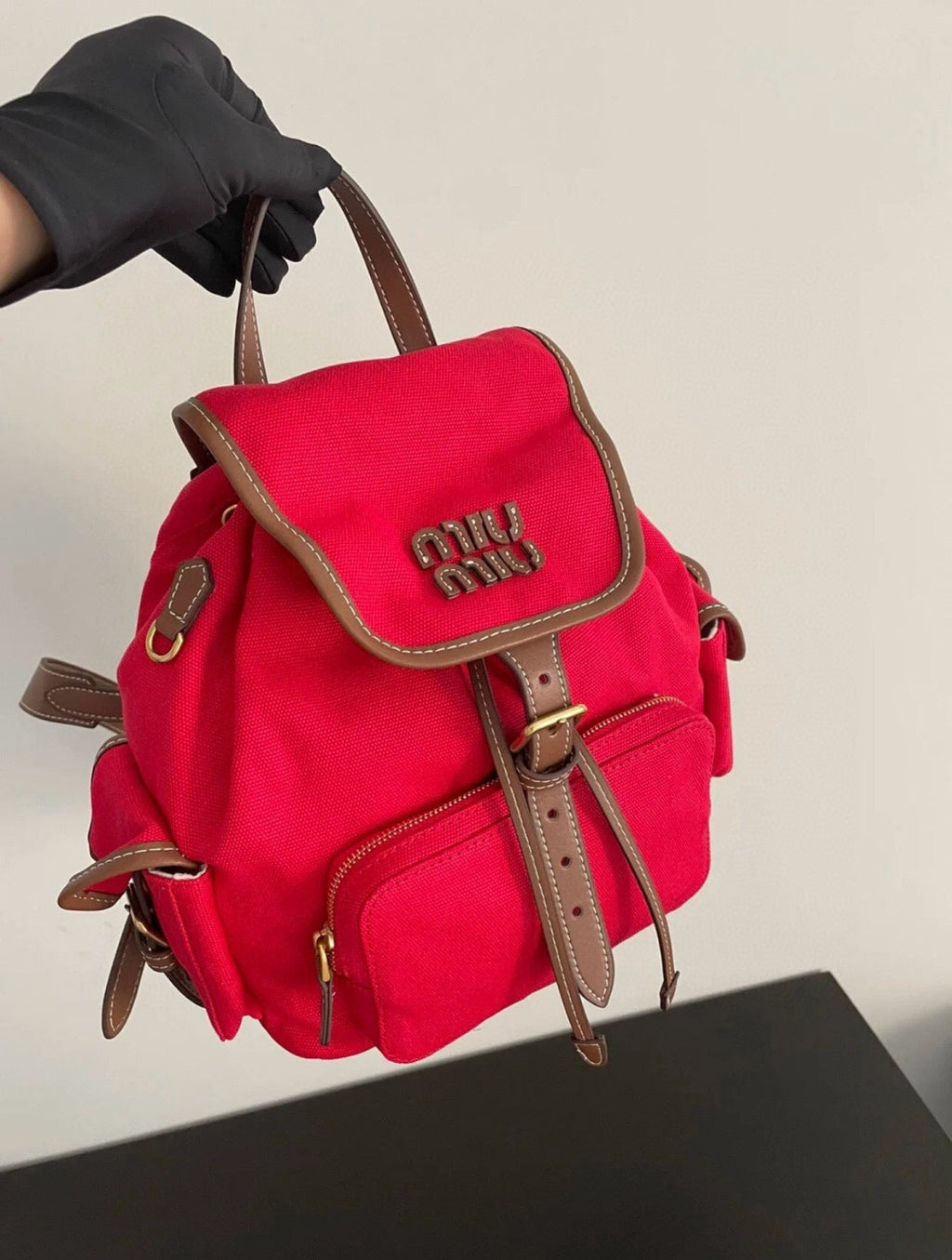 ＭＩ ＭＵ CANVAS AND LEATHER BACKPACK RED/BRANDY