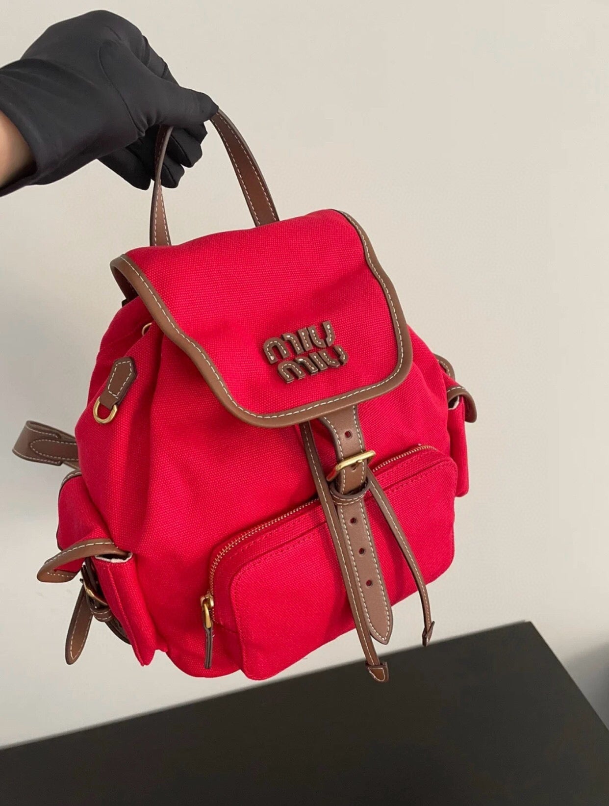 ＭＩ ＭＵ CANVAS AND LEATHER BACKPACK RED/BRANDY