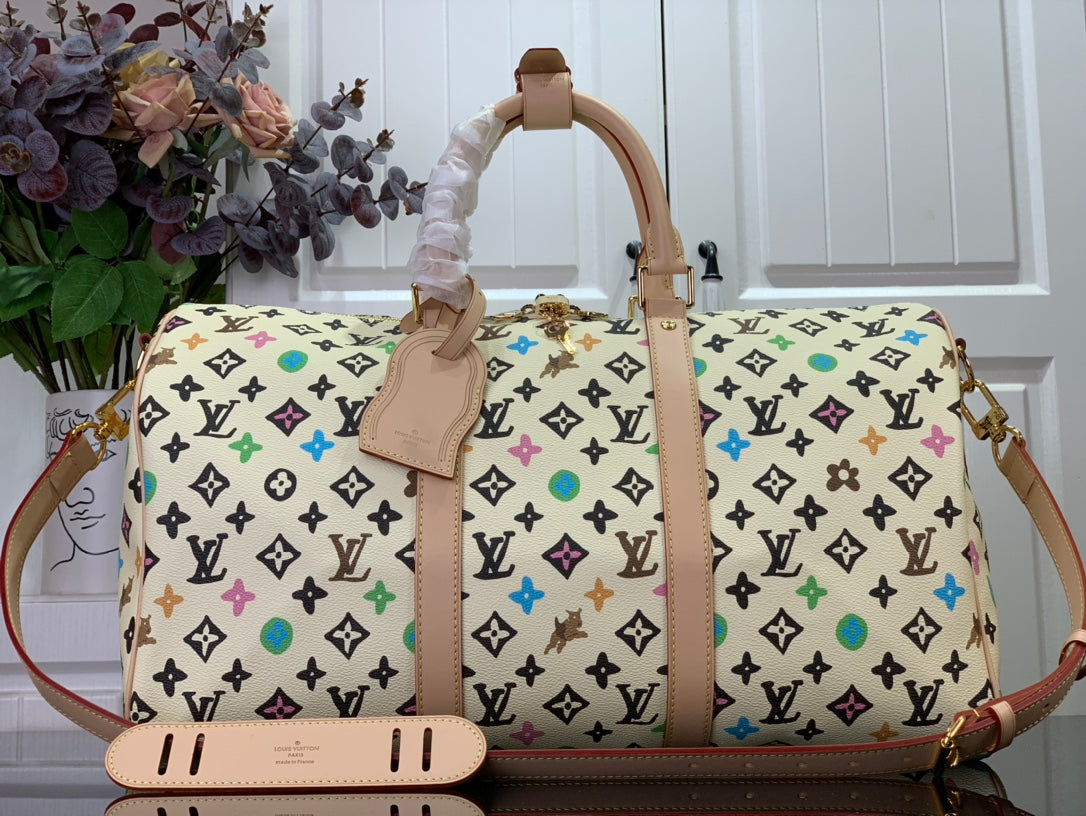 ＬＳ ＶＴＴＯＮ x YAYOI KUSAMA KEEPALL BANDOULIÈRE 45 WHITE