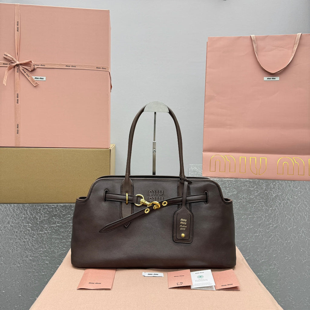 ＭＩ ＭＵ AVENTURE LEATHER TOTE BAG DARK BROWN