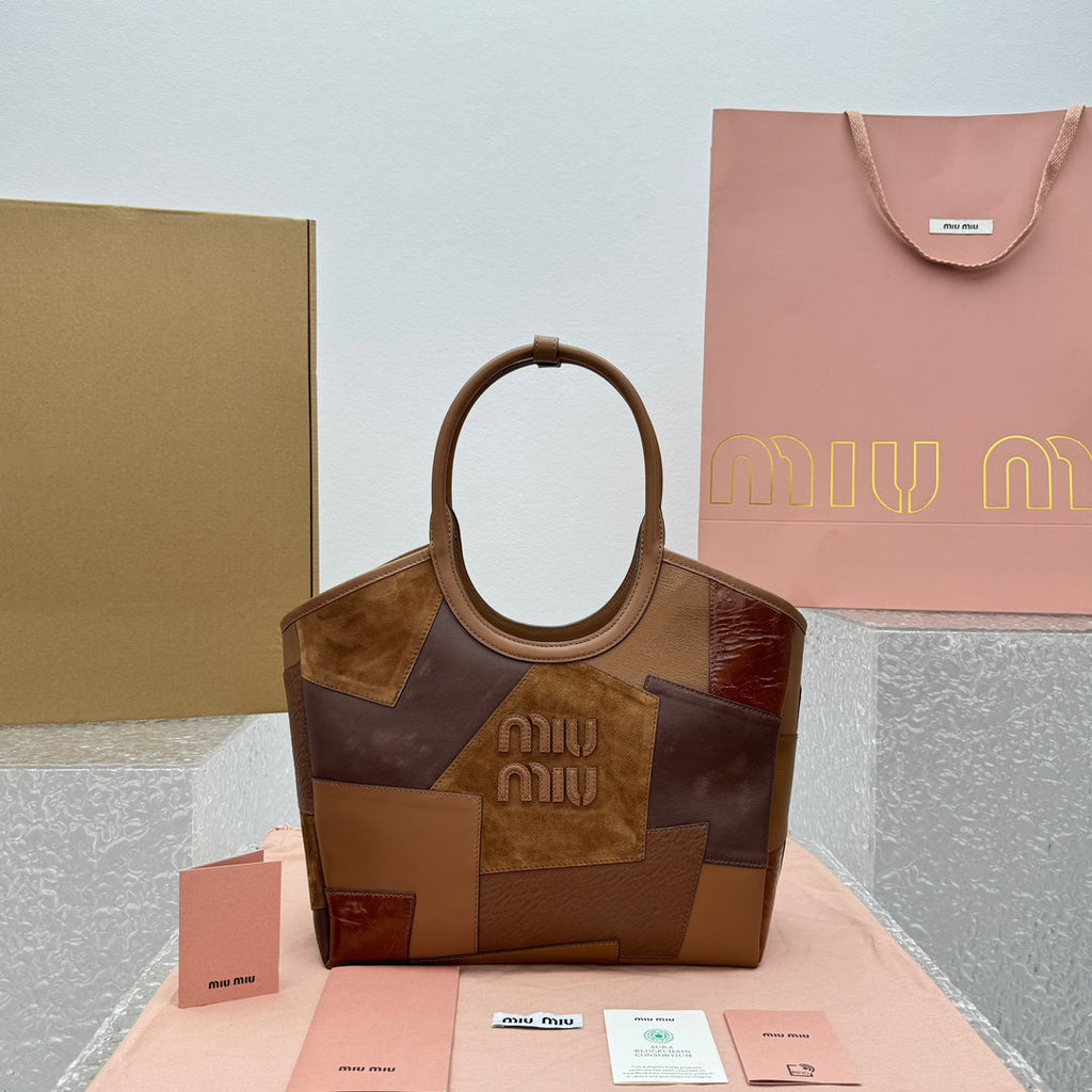 ＭＩ ＭＵ  IVY LEATHER PATCHWORK BAG COGNAC