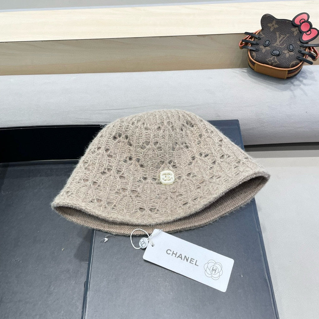 BUCKET HAT KHAKI BROWN KNITTED FABRIC WITH RABBIT FUR 428091