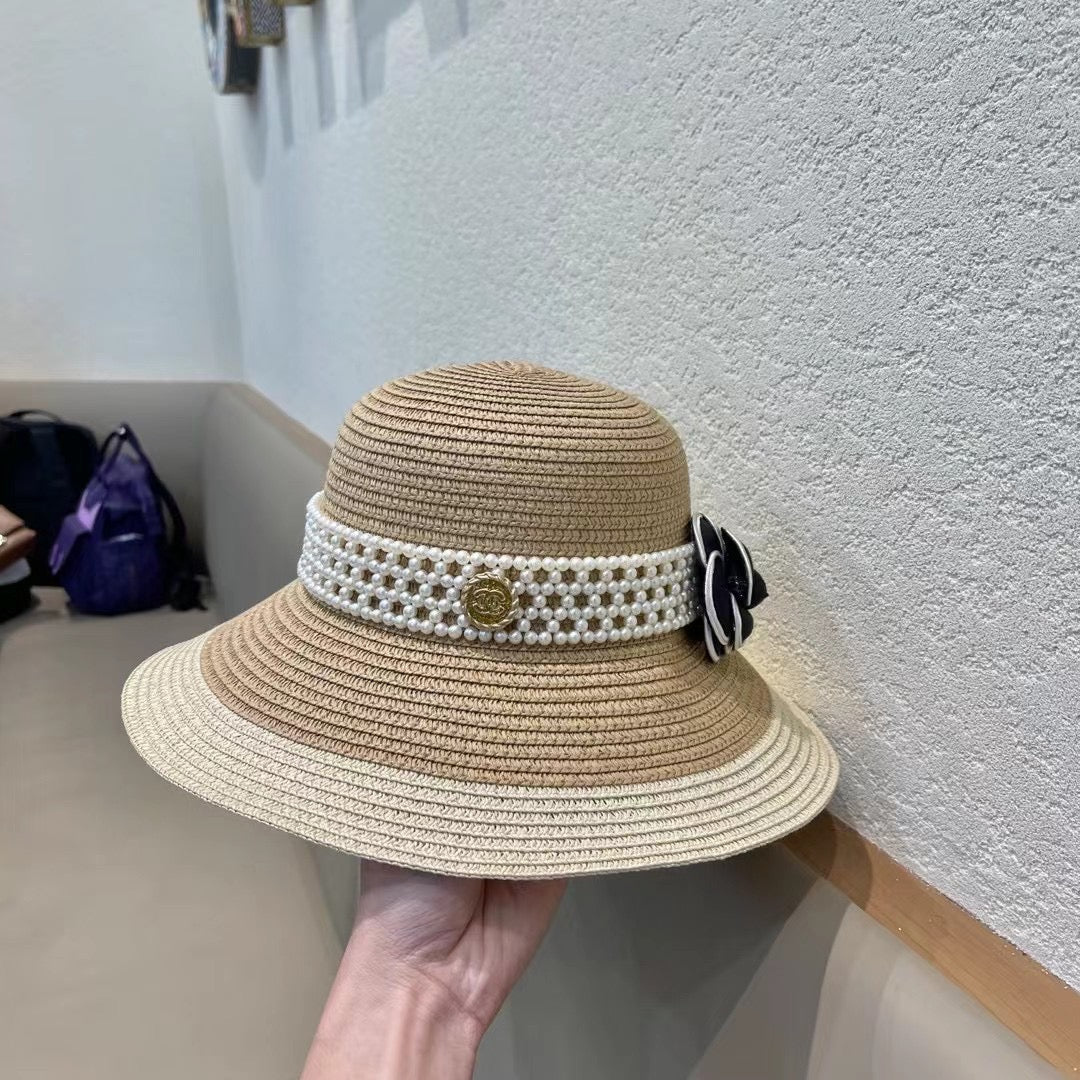 STRAW BUCKET HAT WITH PEARLS 672765