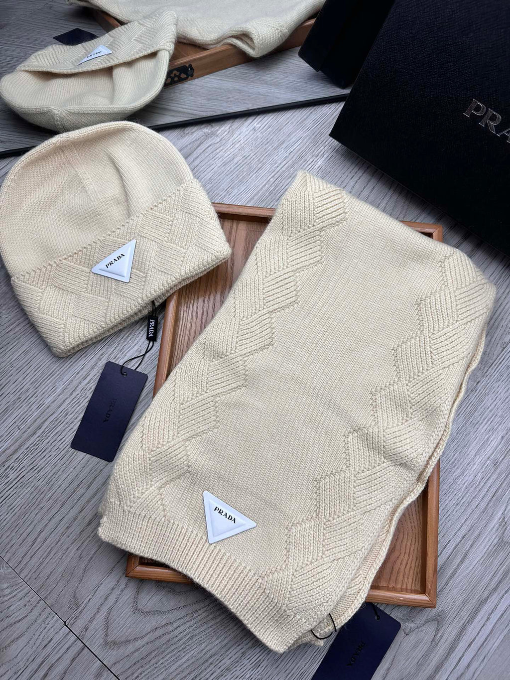 SET SCARF AND HAT IN BISQUE BEIGE WOOL AND RABBIT FUR 397405