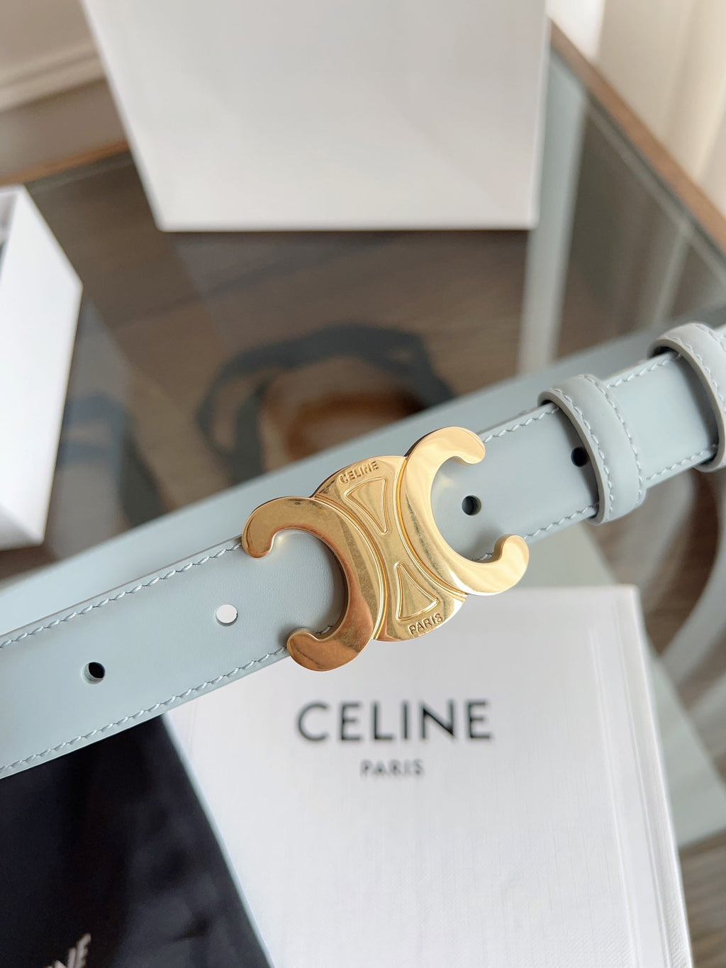 TRIOMPHE BELT 24MM IN ASH GRAY CALFSKIN WITH GOLD BUCKLE